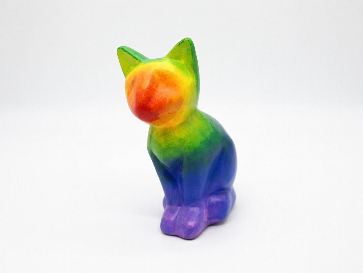 Hand Painted Porcelain Cat Sculpture – Rainbow Art Figurine – 5 Inch Decorative Cat – PNW Local Artist JoJo