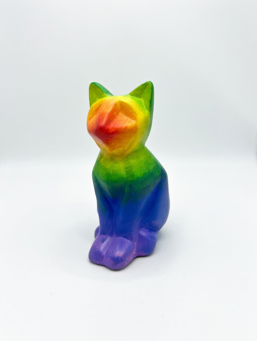 Hand Painted Porcelain Cat Sculpture – Rainbow Art Figurine – 5 Inch Decorative Cat – PNW Local Artist JoJo