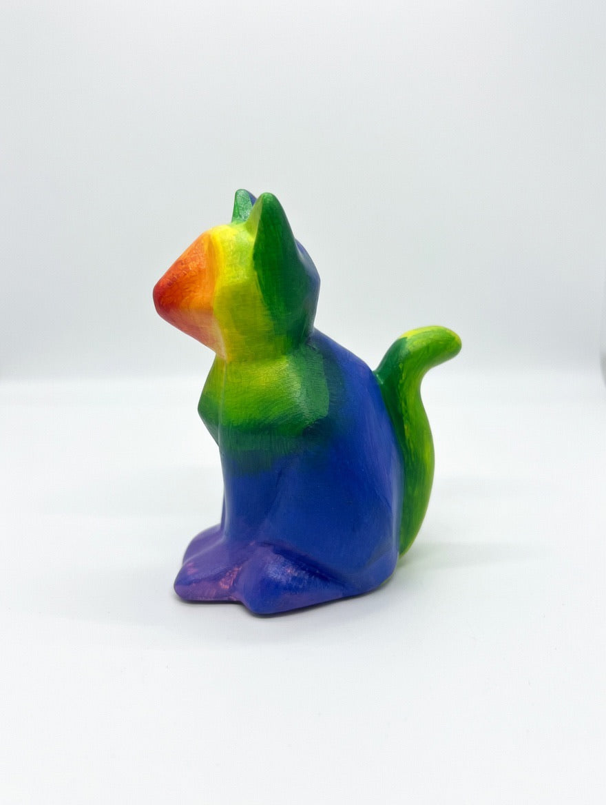 Hand Painted Porcelain Cat Sculpture – Rainbow Art Figurine – 5 Inch Decorative Cat – PNW Local Artist JoJo
