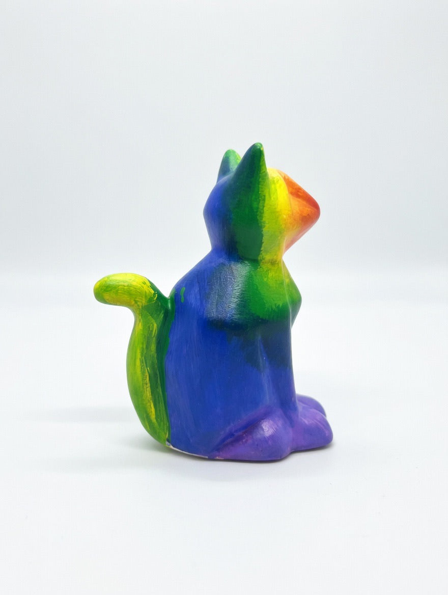 Hand Painted Porcelain Cat Sculpture – Rainbow Art Figurine – 5 Inch Decorative Cat – PNW Local Artist JoJo