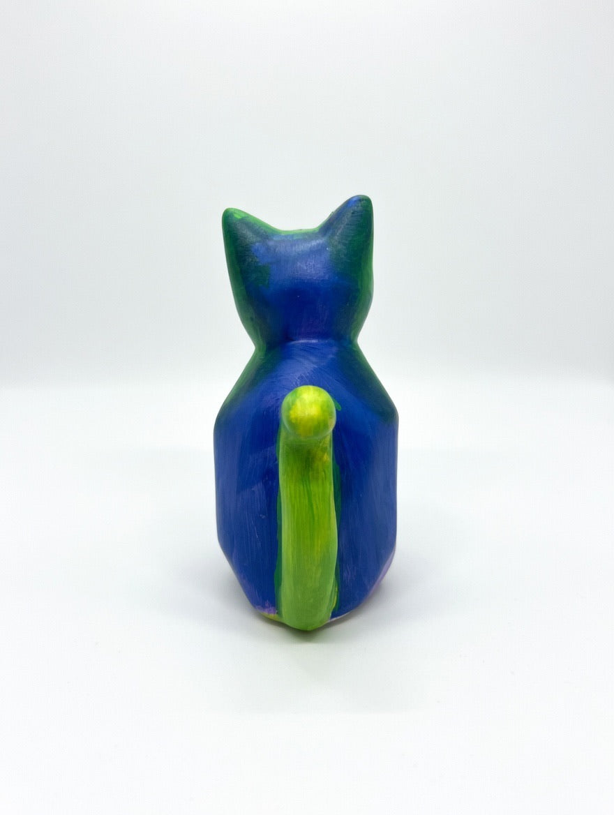 Hand Painted Porcelain Cat Sculpture – Rainbow Art Figurine – 5 Inch Decorative Cat – PNW Local Artist JoJo