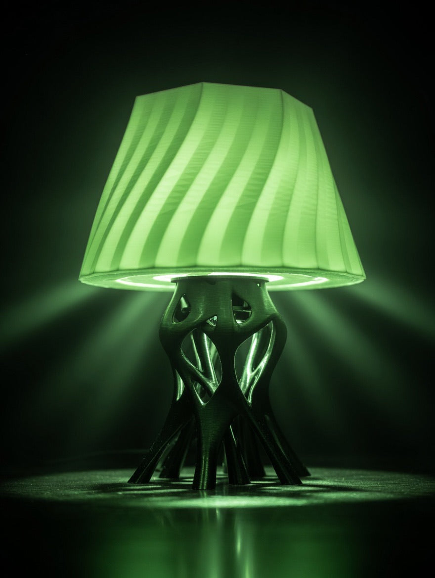 Abstract Sculptural Glow Table Lamp – 3D Printed Twisted Shade | Root Base | Glow in the Dark