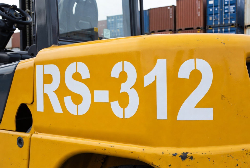 RS-312 white vinyl numbers on yellow industrial equipment