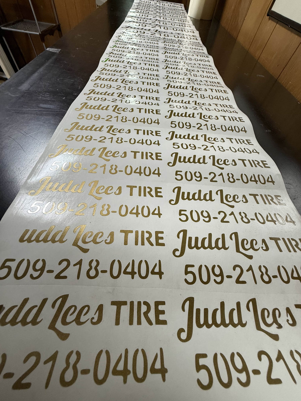 Custom gold metallic cut vinyl lettering on transfer tape, ready to apply - layout and production by JZAC Designs