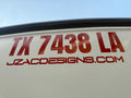 Boat hull lettering in red cut vinyl on a white boat - marine grade 3M cast film by JZAC Designs