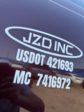 Truck door lettering - company name, USDOT and MC numbers in white 3M cast vinyl on a navy door, installed by JZAC Designs