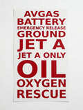 Complete aircraft placard set - nine cockpit and cabin placards in red on white, JZAC Designs