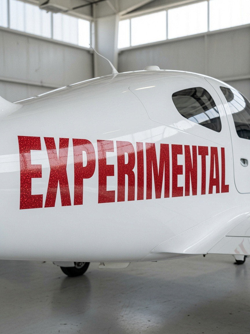 EXPERIMENTAL placard in red on a white surface, cut from 3M commercial cast vinyl
