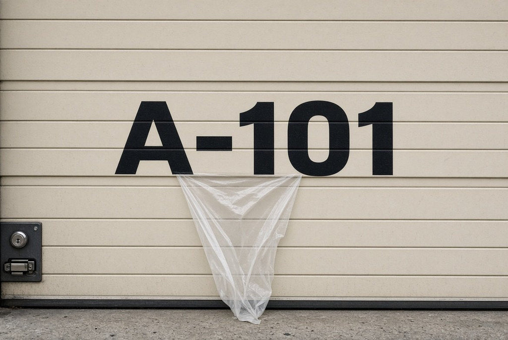 Illustration of a large A-101 cut-vinyl sequential unit number applied to a self-storage roll-up door