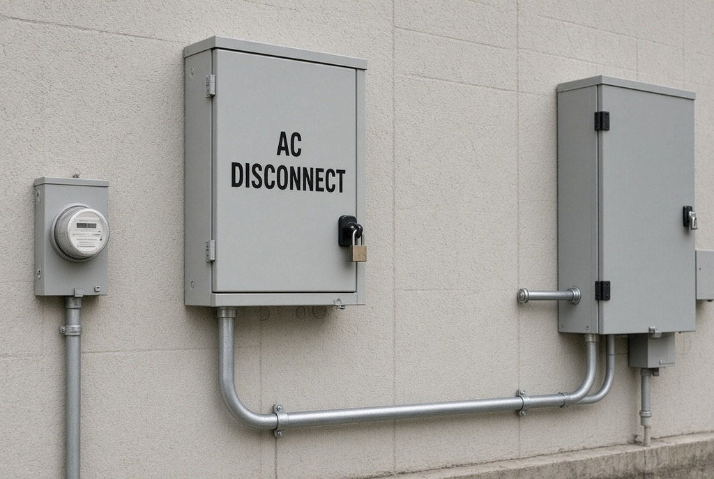Illustration of AC DISCONNECT cut-vinyl lettering applied to a solar AC disconnect enclosure