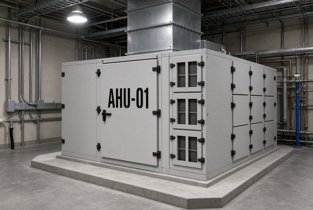 Illustration of an AHU-01 cut-vinyl equipment ID applied to an air handling unit in a mechanical room