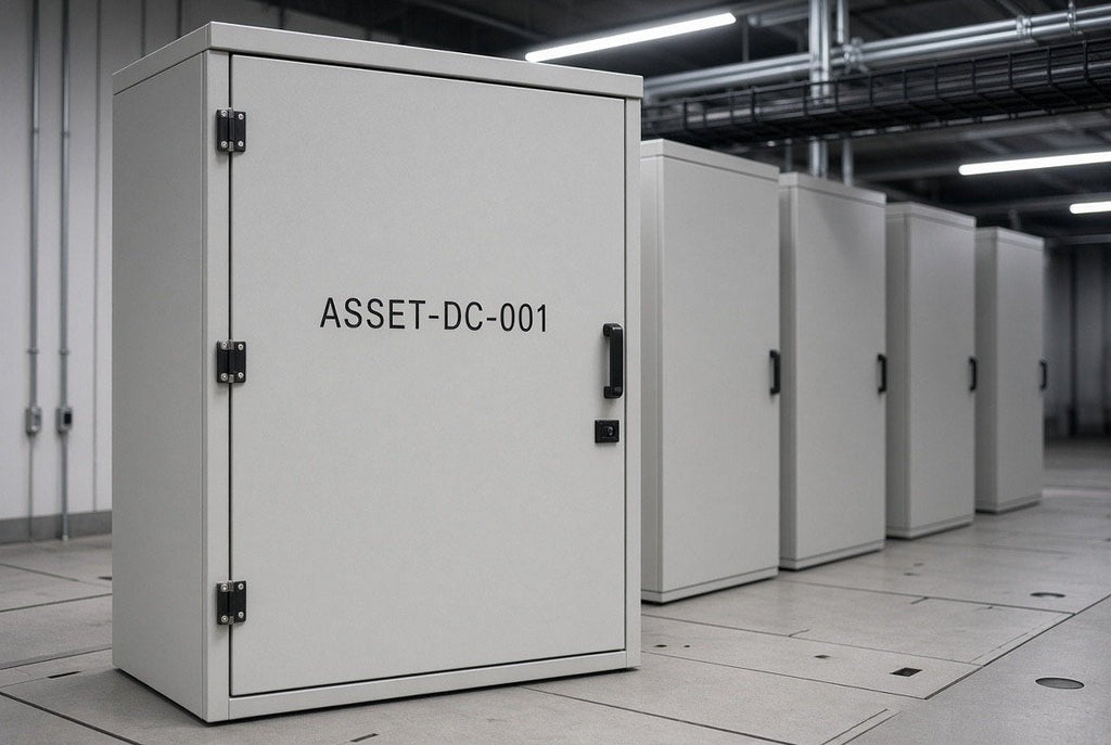 Illustration of an ASSET-DC-001 cut-vinyl asset ID applied to a data centre cabinet