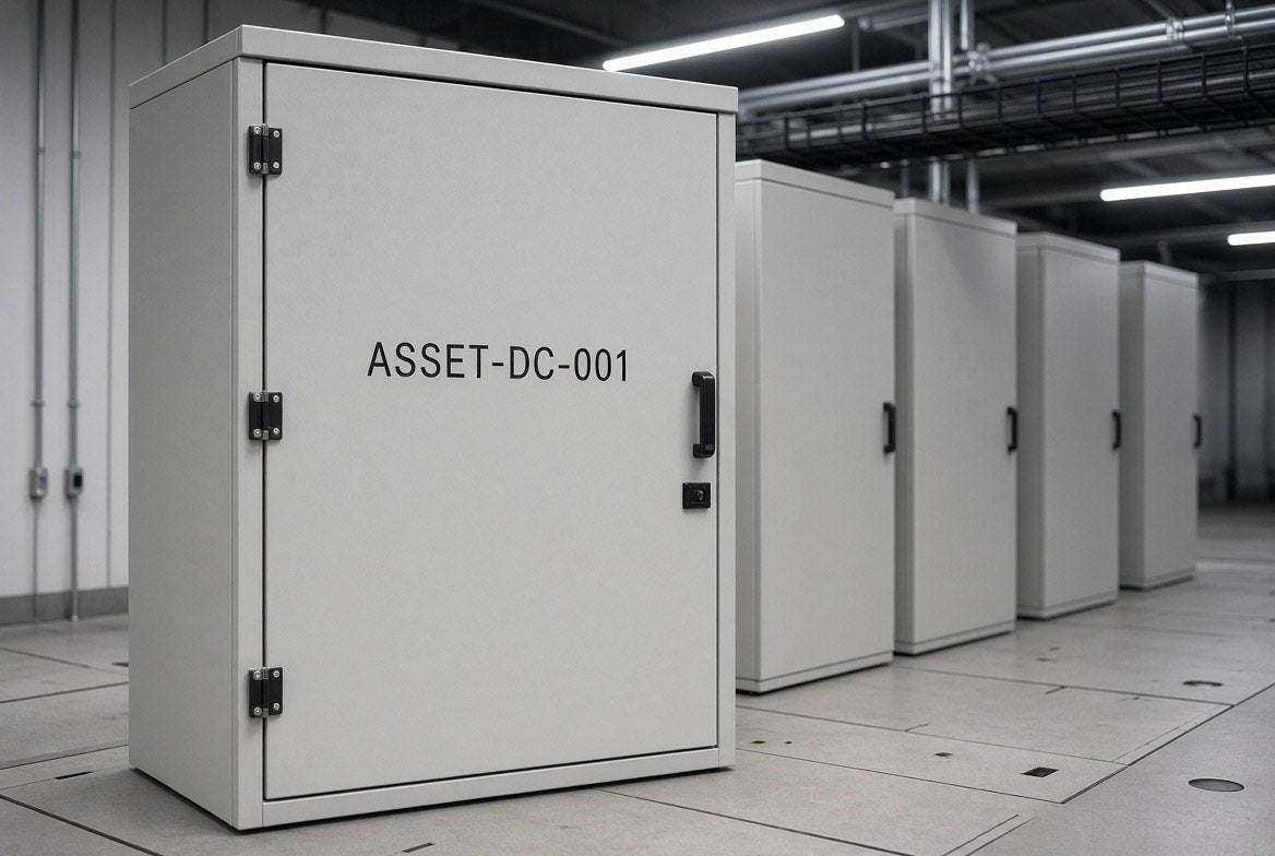 Illustration of an ASSET-DC-001 cut-vinyl asset ID applied to a data centre cabinet