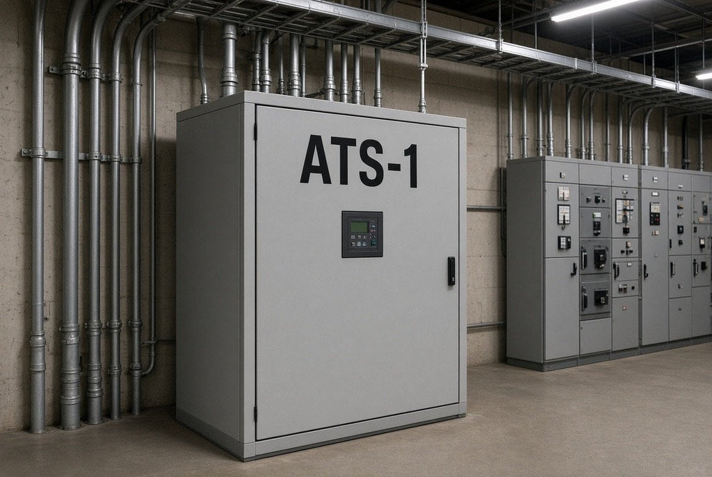Illustration of an ATS-1 cut-vinyl equipment ID applied to an automatic transfer switch in an electrical room