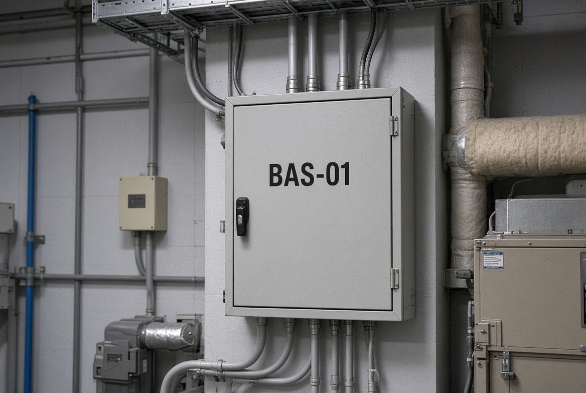 Illustration of a BAS-01 cut-vinyl equipment ID applied to a building automation panel