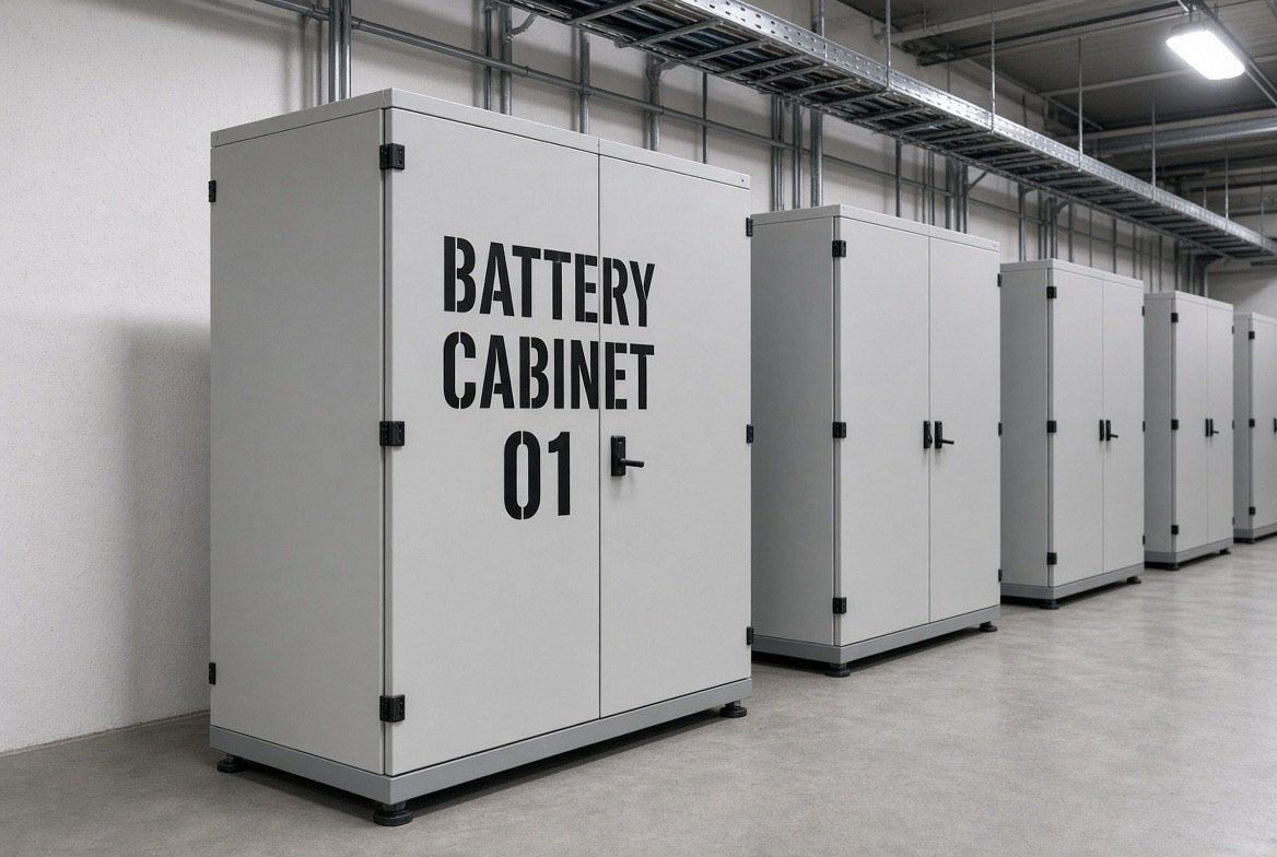 Illustration of BATTERY CABINET 01 cut-vinyl equipment IDs on a row of battery cabinets