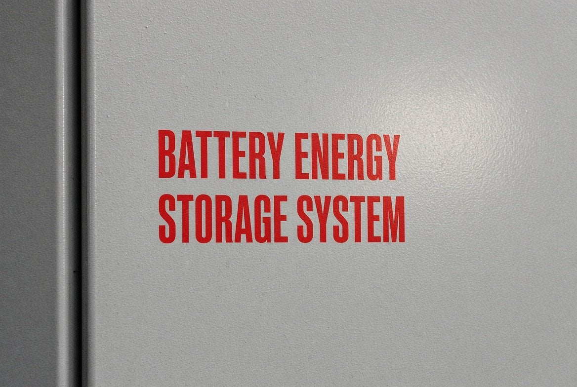 Illustration of BATTERY ENERGY STORAGE SYSTEM cut-vinyl lettering in red on a BESS enclosure
