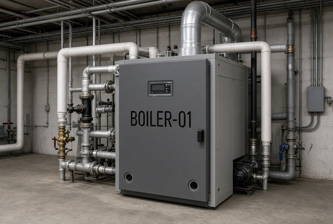 Illustration of a BOILER-01 cut-vinyl equipment ID applied to a commercial boiler