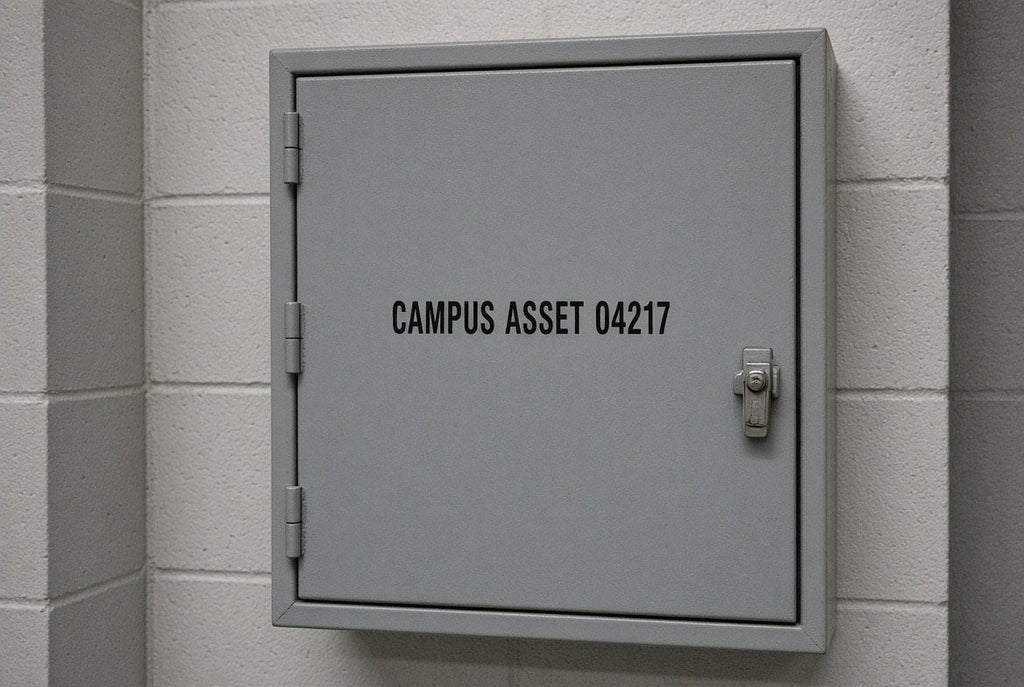 Illustration of CAMPUS ASSET 04217 cut-vinyl asset numbering on a campus equipment enclosure