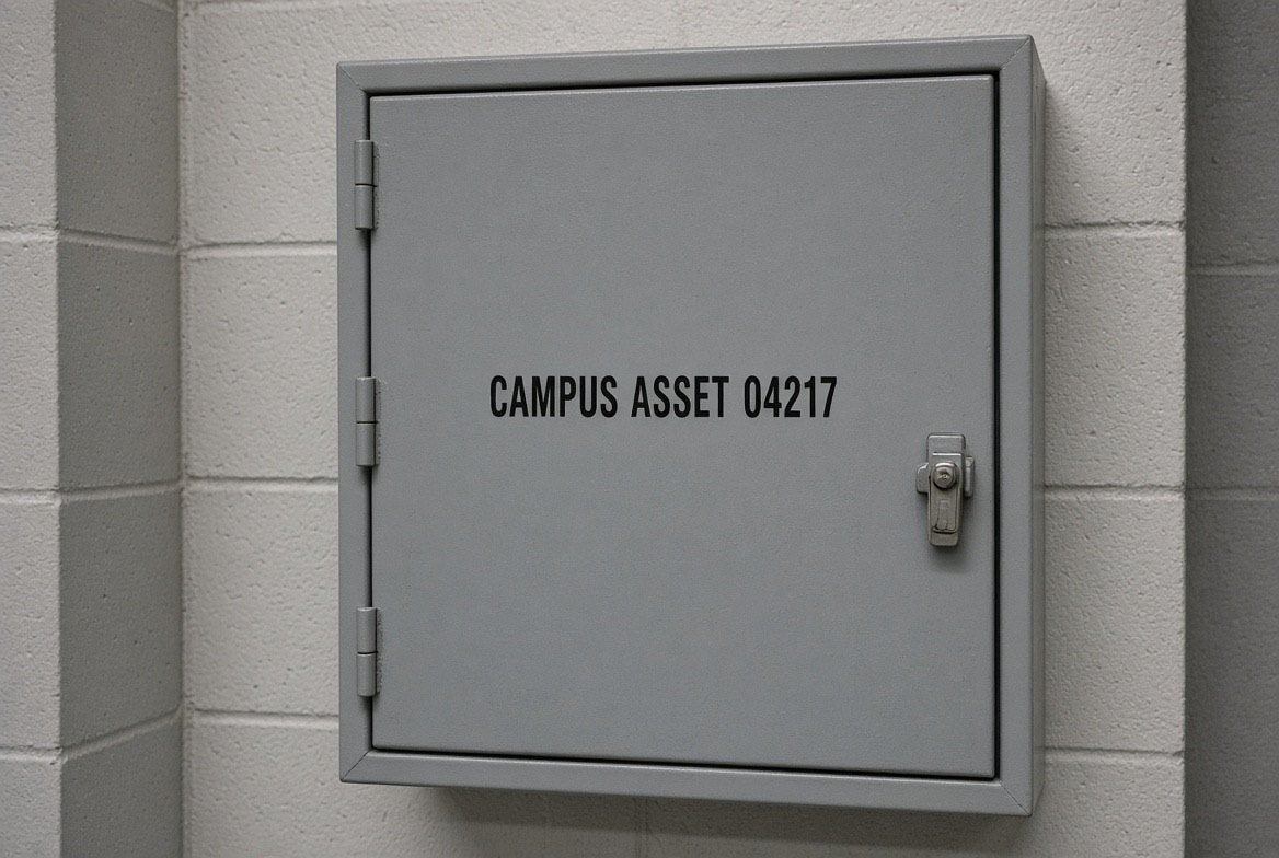 Illustration of CAMPUS ASSET 04217 cut-vinyl asset numbering on a campus equipment enclosure