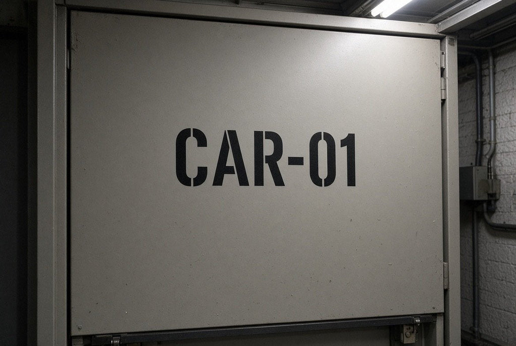 Illustration of CAR-01 cut-vinyl lettering applied above an elevator car entrance