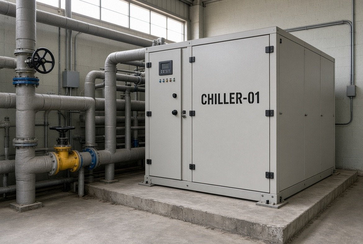 Illustration of a CHILLER-01 cut-vinyl equipment ID applied to a packaged chiller