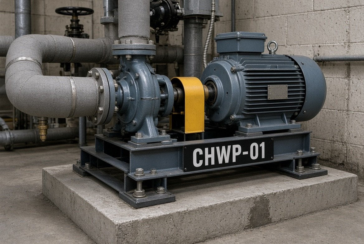 Illustration of a CHWP-01 cut-vinyl equipment ID applied to a chilled water pump base