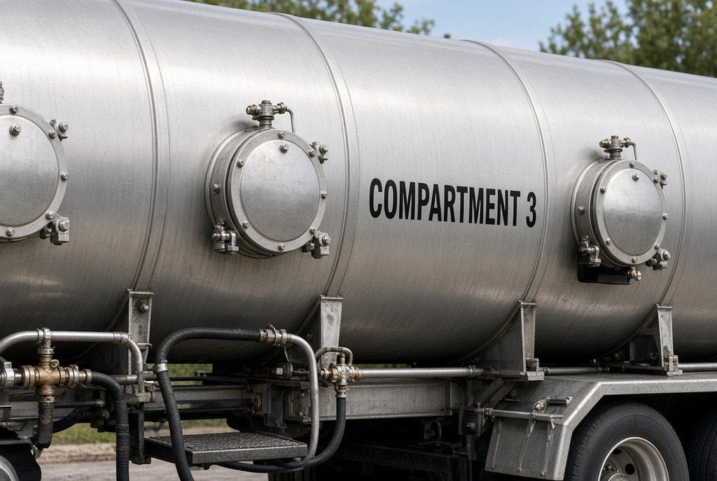 Illustration of COMPARTMENT 3 cut-vinyl marking on a multi-compartment cargo tank