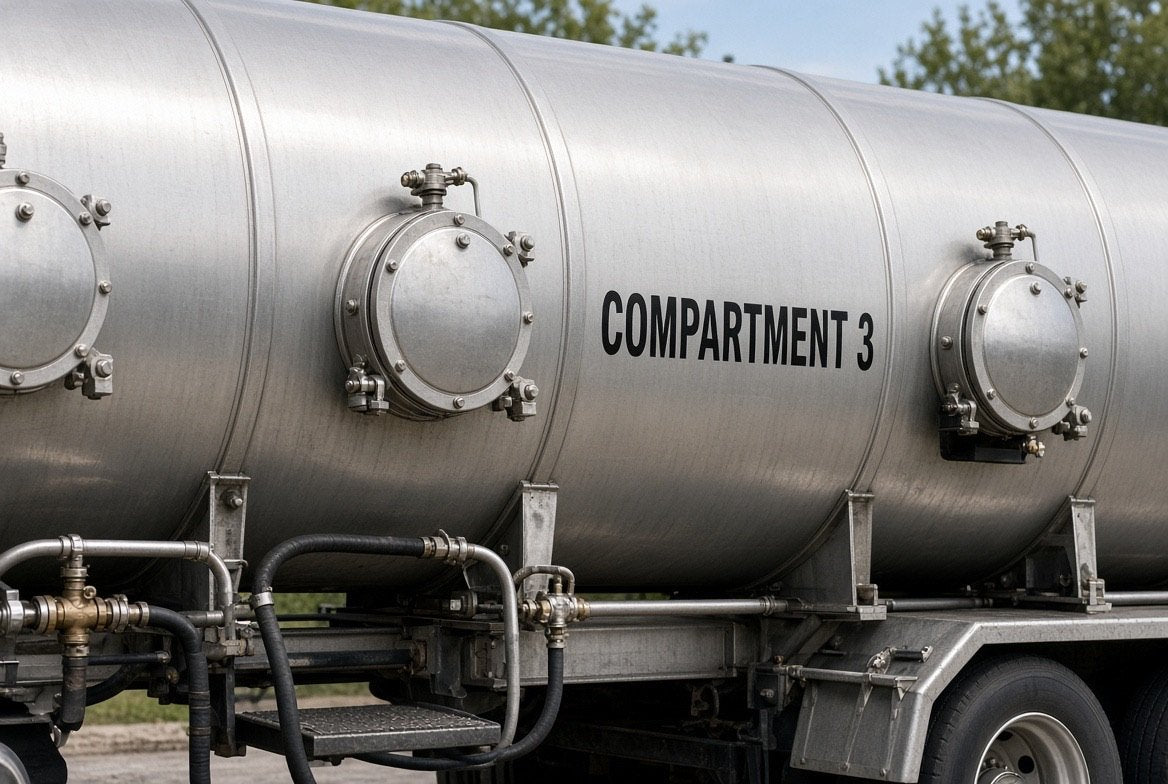 Illustration of COMPARTMENT 3 cut-vinyl marking on a multi-compartment cargo tank