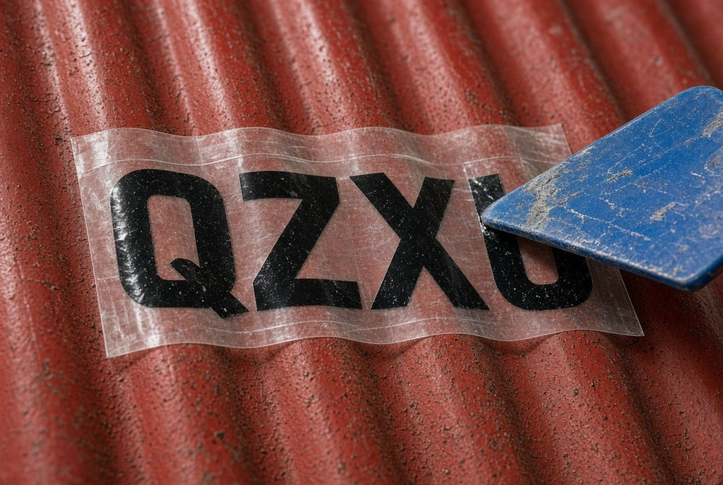 Illustration of QZXU cut-vinyl container lettering being applied with a squeegee to a corrugated container wall