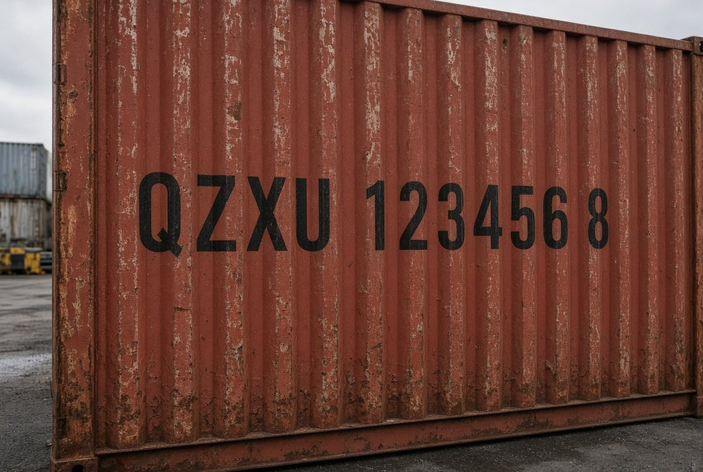 Illustration of QZXU 123456 8 cut-vinyl BIC container marking on an ISO shipping container