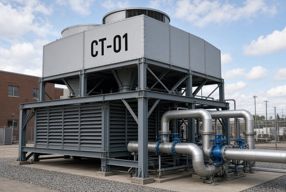 Illustration of a CT-01 cut-vinyl equipment ID applied to a rooftop cooling tower