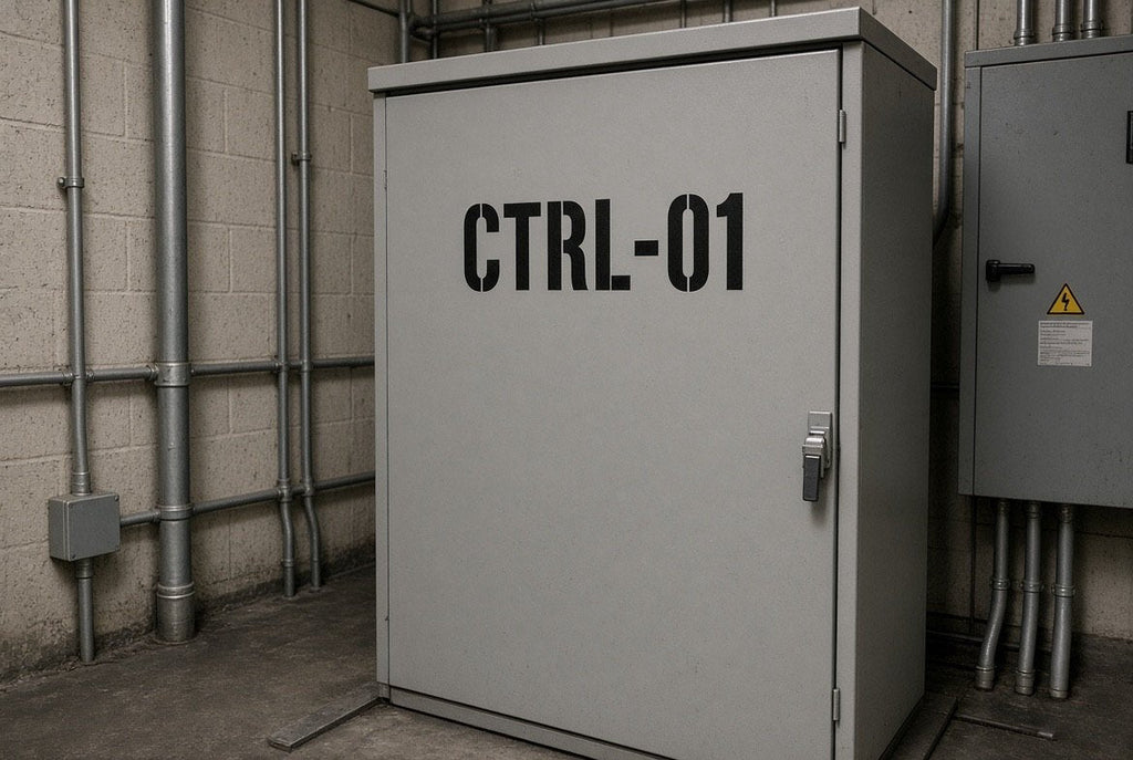 Illustration of CTRL-01 cut-vinyl lettering on an elevator controller cabinet
