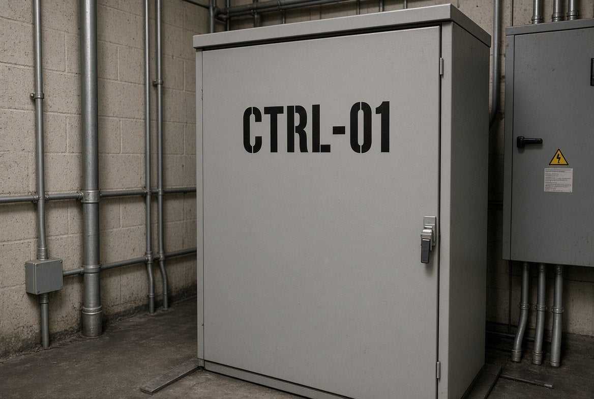 Illustration of CTRL-01 cut-vinyl lettering on an elevator controller cabinet