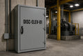 Illustration of DISC-ELEV-01 cut-vinyl lettering on an elevator disconnect enclosure