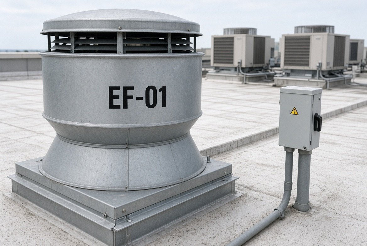 Illustration of an EF-01 cut-vinyl equipment ID applied to a rooftop exhaust fan