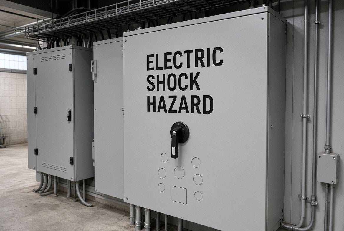 Illustration of ELECTRIC SHOCK HAZARD cut-vinyl lettering applied to an electrical enclosure door