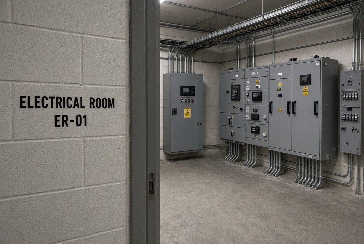 Illustration of ELECTRICAL ROOM ER-01 cut-vinyl room identification on a block wall