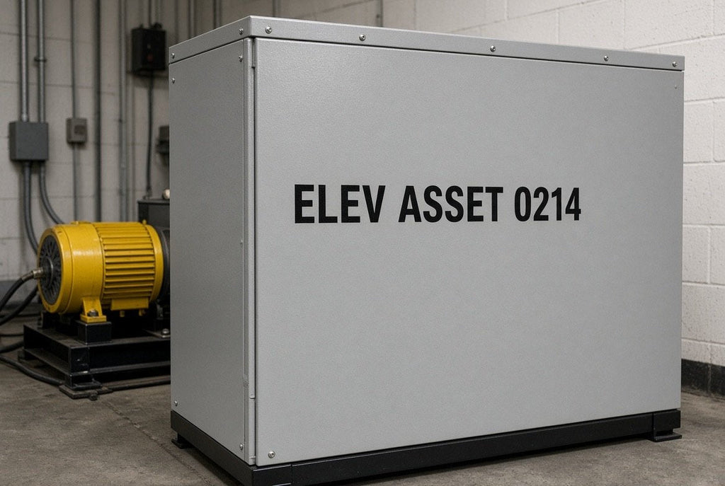 Illustration of ELEV ASSET 0214 cut-vinyl asset numbering on elevator equipment