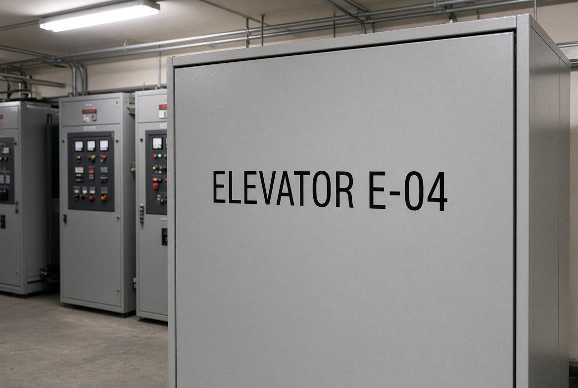 Illustration of ELEVATOR E-04 cut-vinyl lettering in a machine room