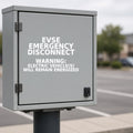 Illustration of EVSE EMERGENCY DISCONNECT cut-vinyl lettering with warning text on an EV charging disconnect