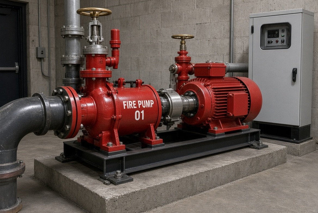 Illustration of FIRE PUMP 01 cut-vinyl lettering on a fire pump in a pump room