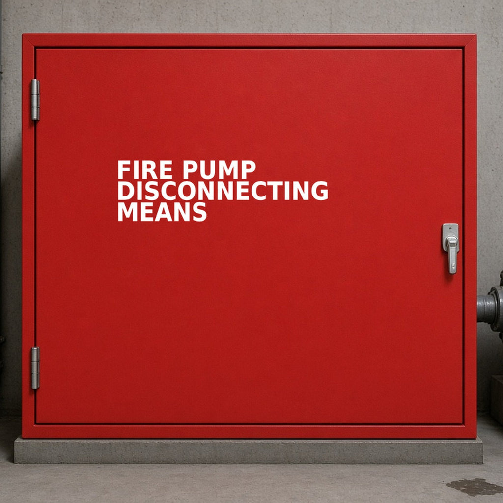 Illustration of FIRE PUMP DISCONNECTING MEANS cut-vinyl lettering on a red fire pump disconnect enclosure