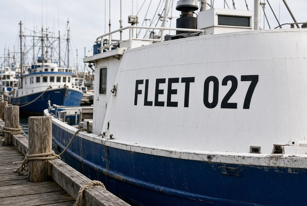 Illustration of FLEET 027 cut-vinyl vessel identification on a commercial fishing vessel