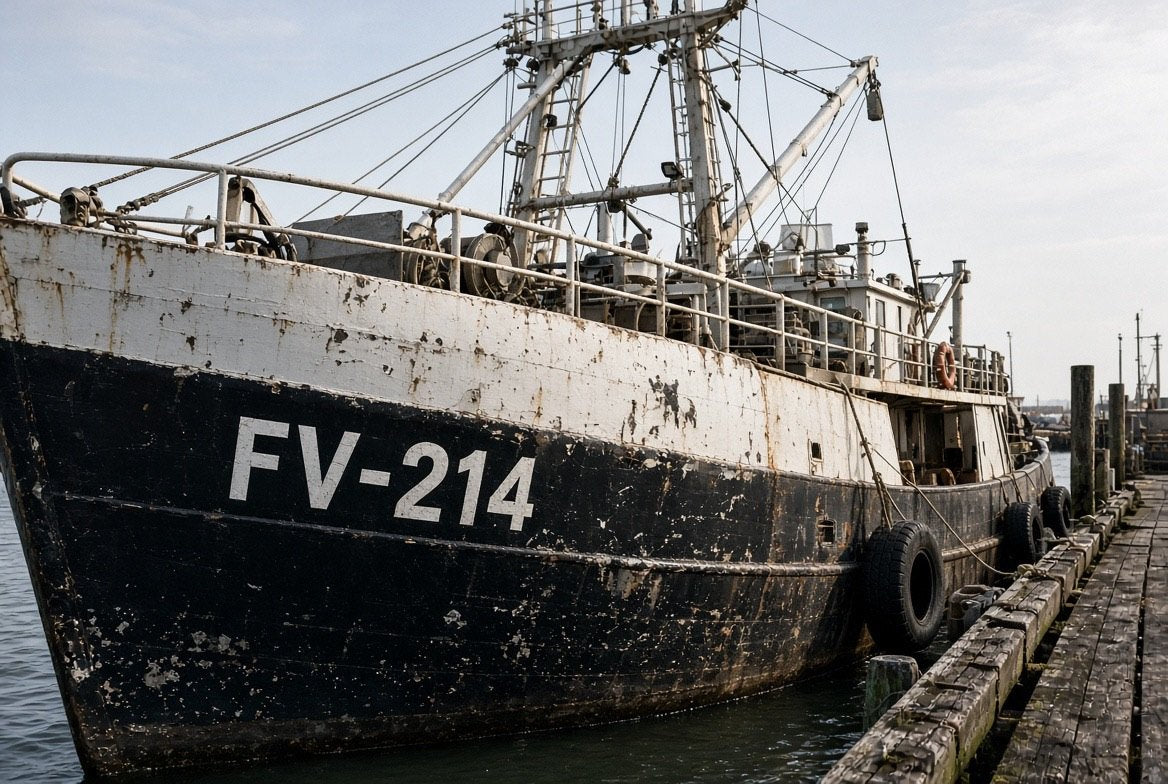 Illustration of FV-214 cut-vinyl official vessel numbers on a commercial fishing vessel bow