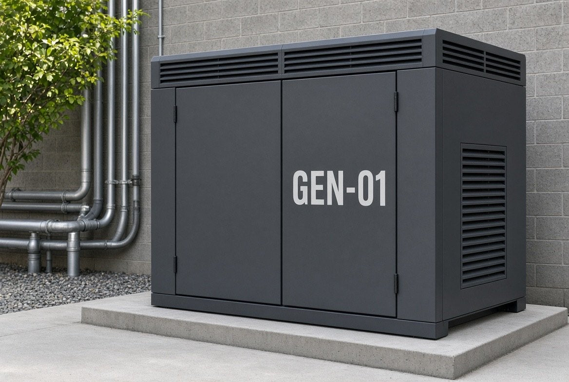 Illustration of a GEN-01 cut-vinyl equipment ID applied to an outdoor standby generator enclosure
