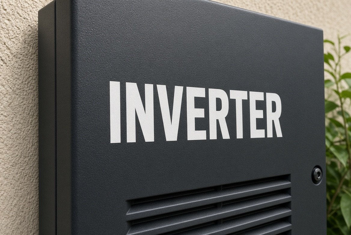 Illustration of INVERTER cut-vinyl lettering applied to a PV inverter cabinet