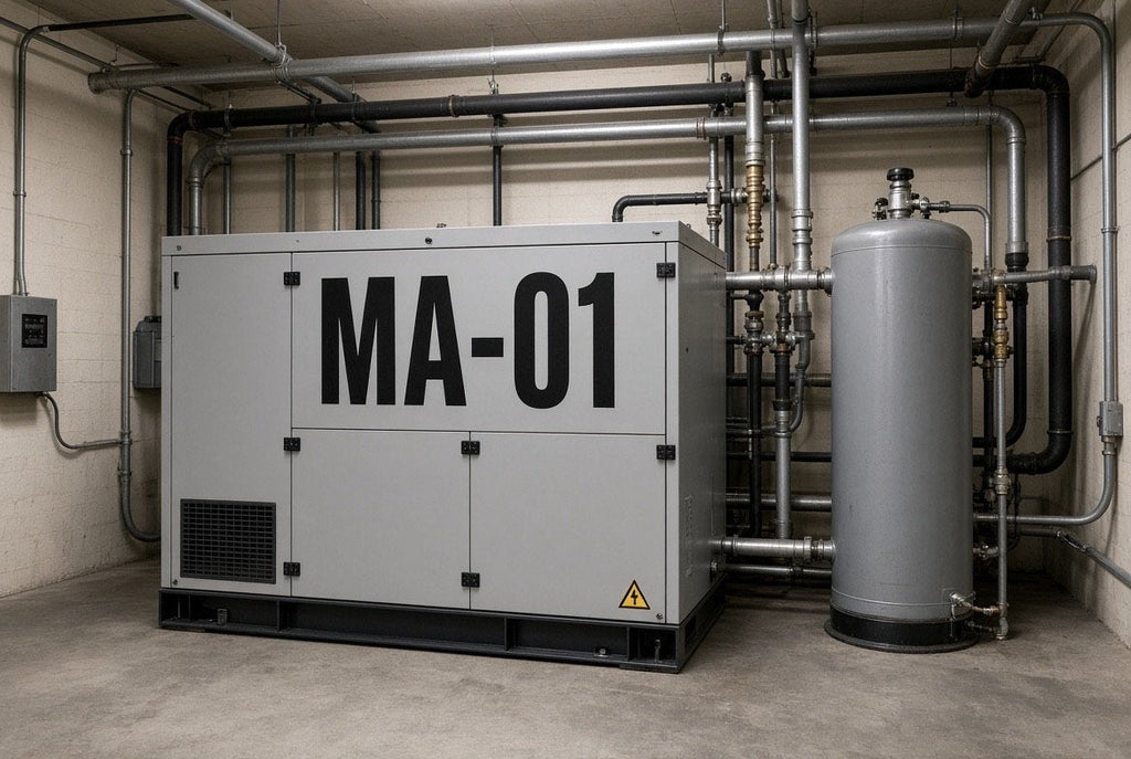 Illustration of MA-01 medical air source cut-vinyl equipment ID in a medical gas plant room