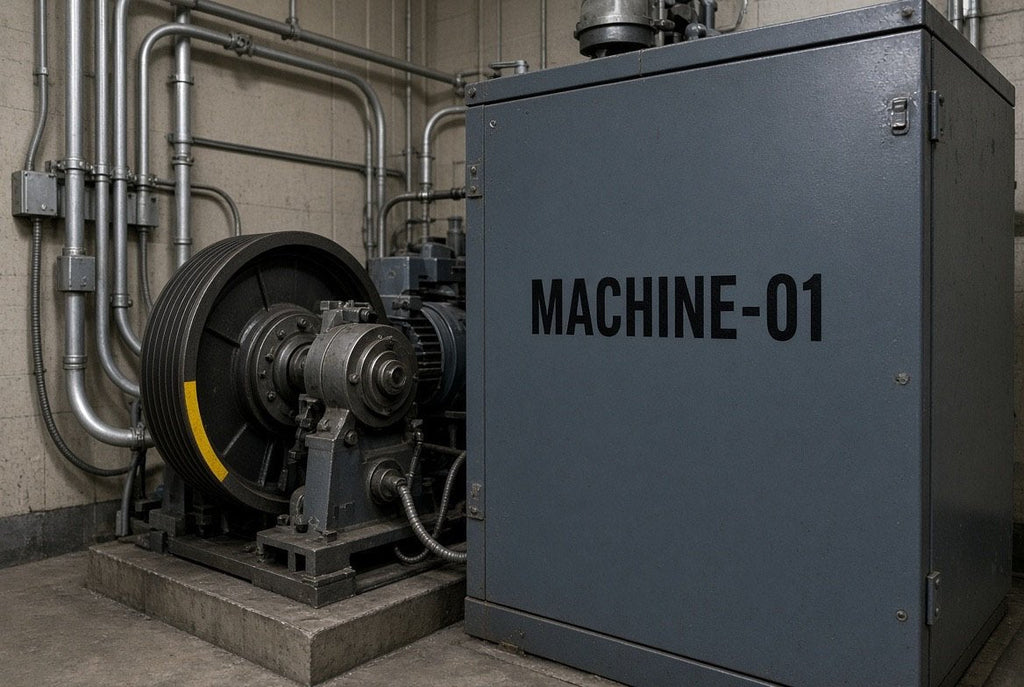 Illustration of MACHINE-01 cut-vinyl lettering on an elevator driving machine