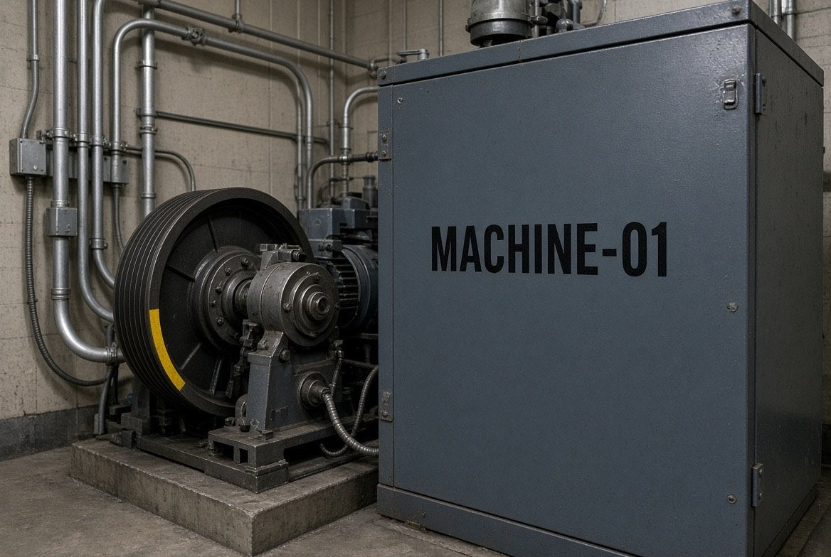 Illustration of MACHINE-01 cut-vinyl lettering on an elevator driving machine